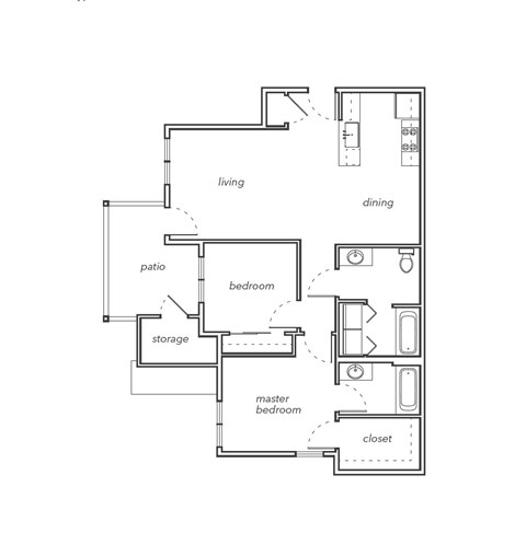 A floor plan of a house with labeled rooms such as living, dining, patio, bedroom, storage, master bedroom, and closet.